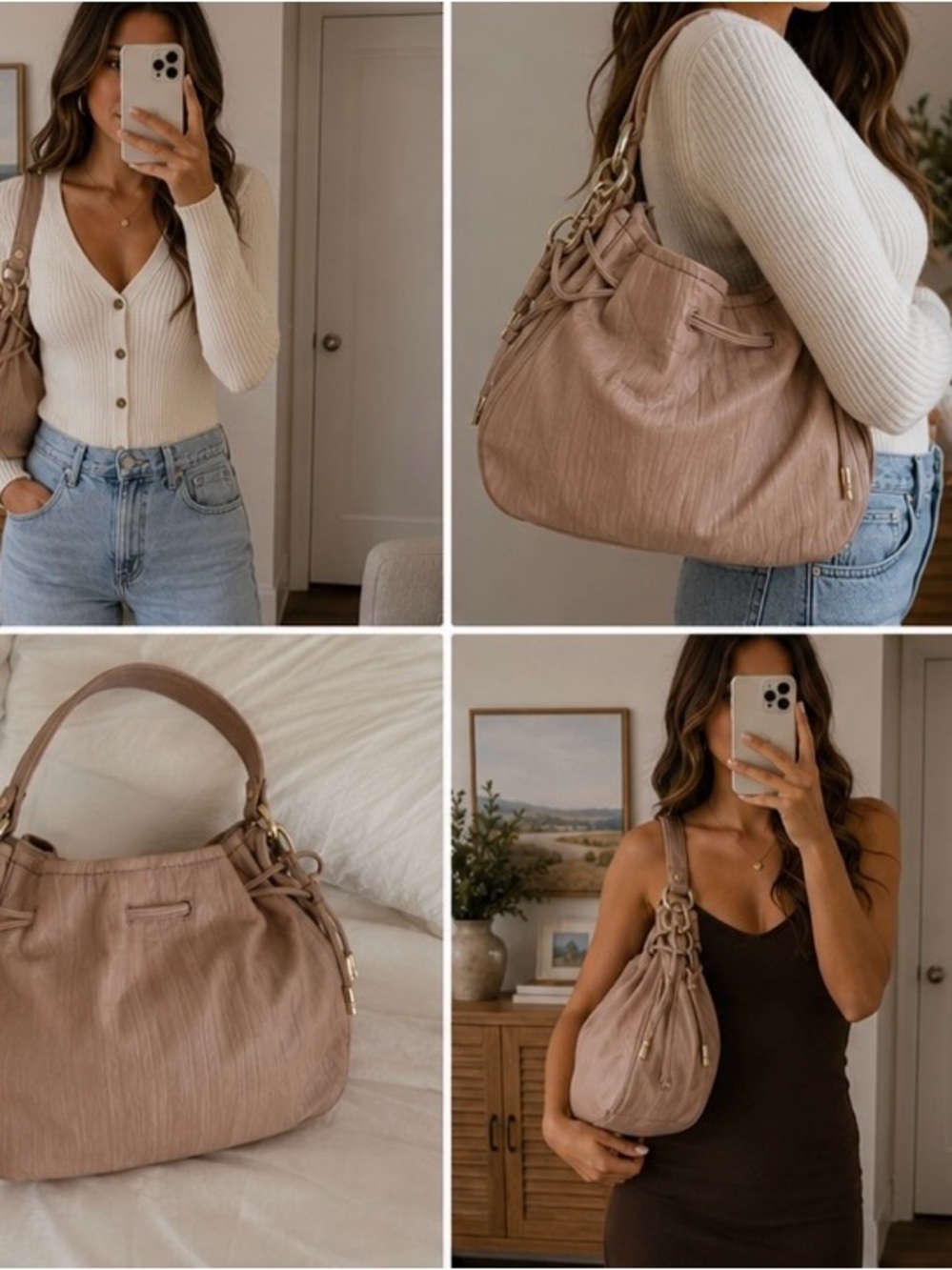 Vintage Cole Haan Nude Taupe Leather Drawstring Hobo Bag Y2K Shoulder Purse